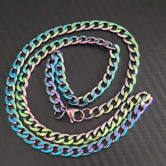 Stainless steel 6.5mm cuban chain rainbow multicolor necklace - Picture 1 of 6
